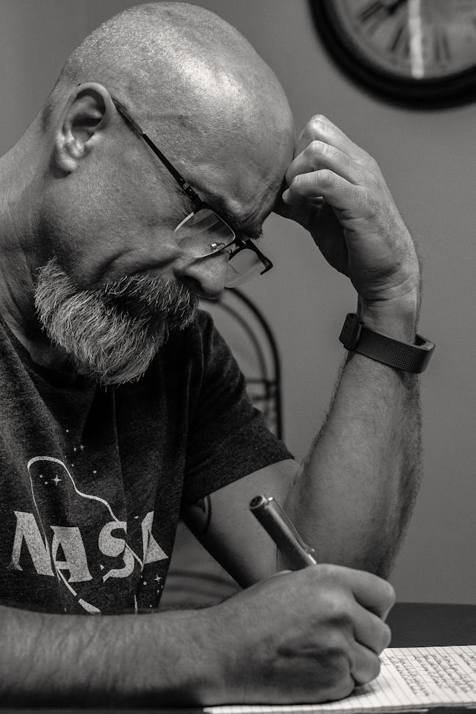 Black and white image of a thoughtful senior man writing indoors, wearing glasses and a NASA shirt.